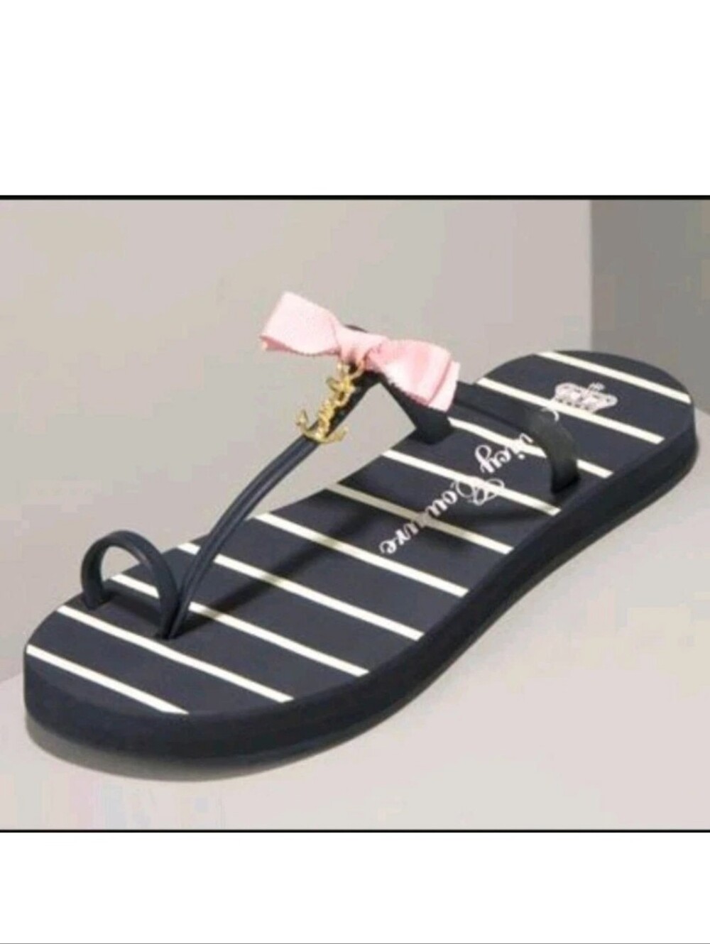 Juicy Couture Flip Flops Sandals Gold Anchor Pink Bow Blue Nautical Stripes 7